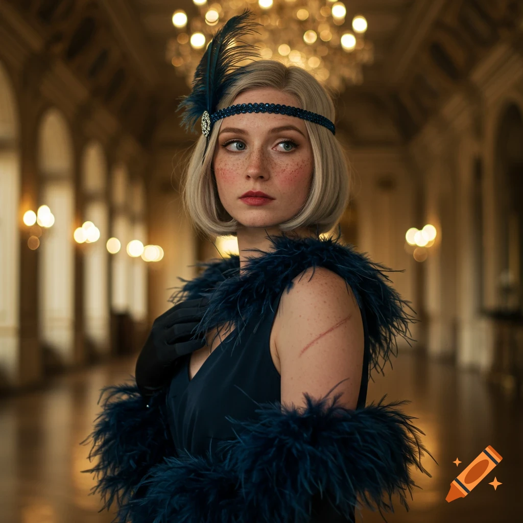 Photorealistic portrait of a blonde 1920s flapper with freckles & a shoulder scar, in a blue feathered dress & headband, in a ballroom.