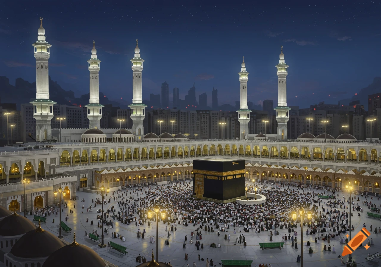 An aerial night view of the Grand Mosque in Mecca, with a large crowd of pilgrims circling the central black Kaaba, surrounded by illuminated mosque buildings and tall minarets under a starry sky.