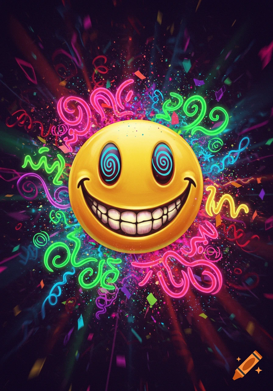 Vibrant illustration of a yellow smiley face with spiral eyes and a wide grin, surrounded by colorful neon squiggles and confetti on a dark background.