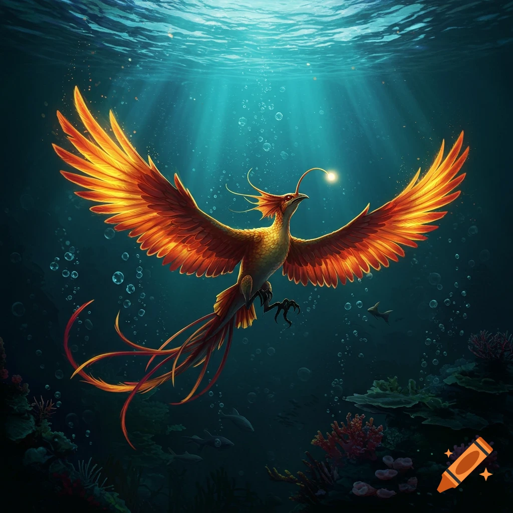 A vibrant, fiery phoenix-like creature with an anglerfish lure swims through clear blue underwater depths, surrounded by bubbles and coral.