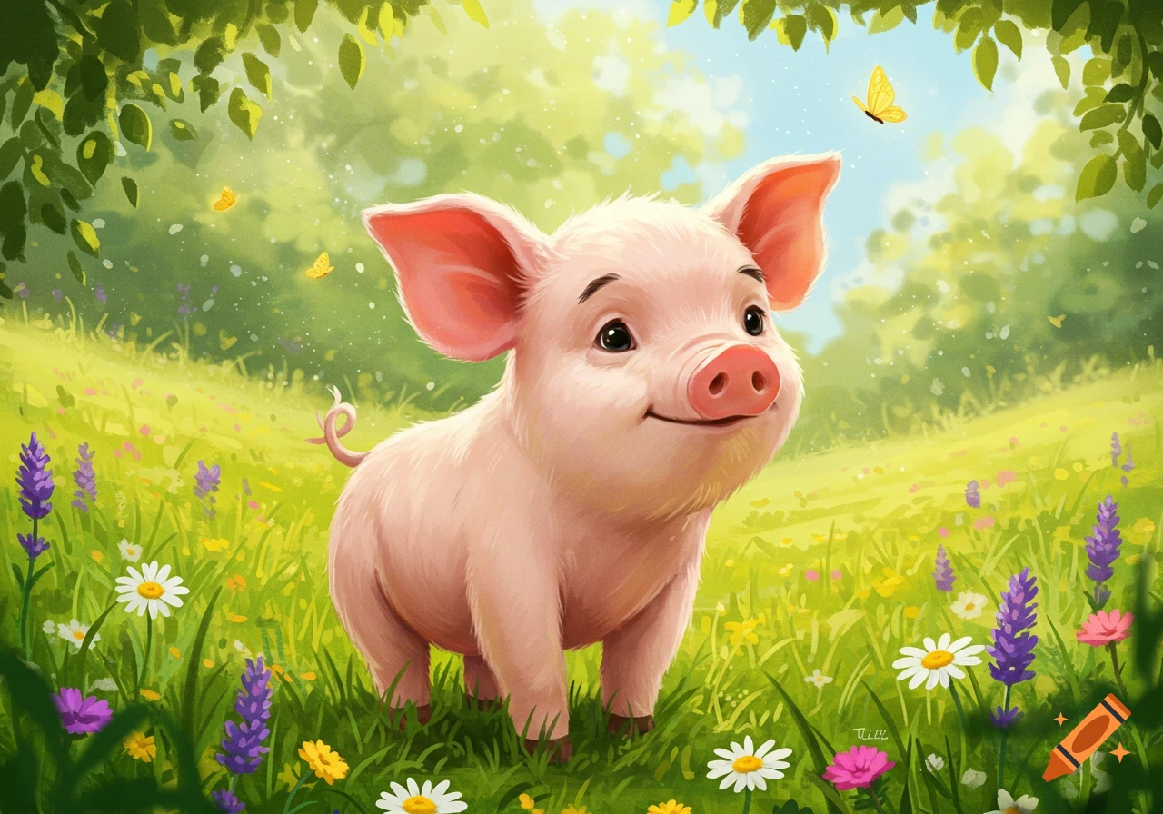 A happy, cute cartoon piglet stands in a vibrant green meadow filled with colorful flowers and butterflies under a sunny sky.