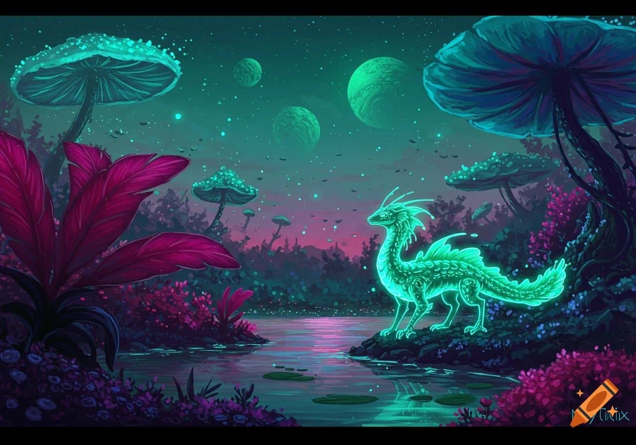 A glowing green fantasy creature stands by a reflective river in a surreal alien landscape with large mushrooms and multiple planets in the sky.