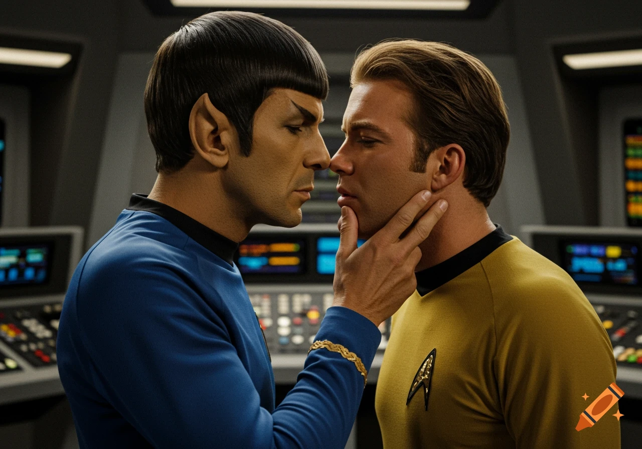 Photorealistic image of Spock holding Kirk's chin, their faces close as if about to kiss, on a futuristic starship bridge.