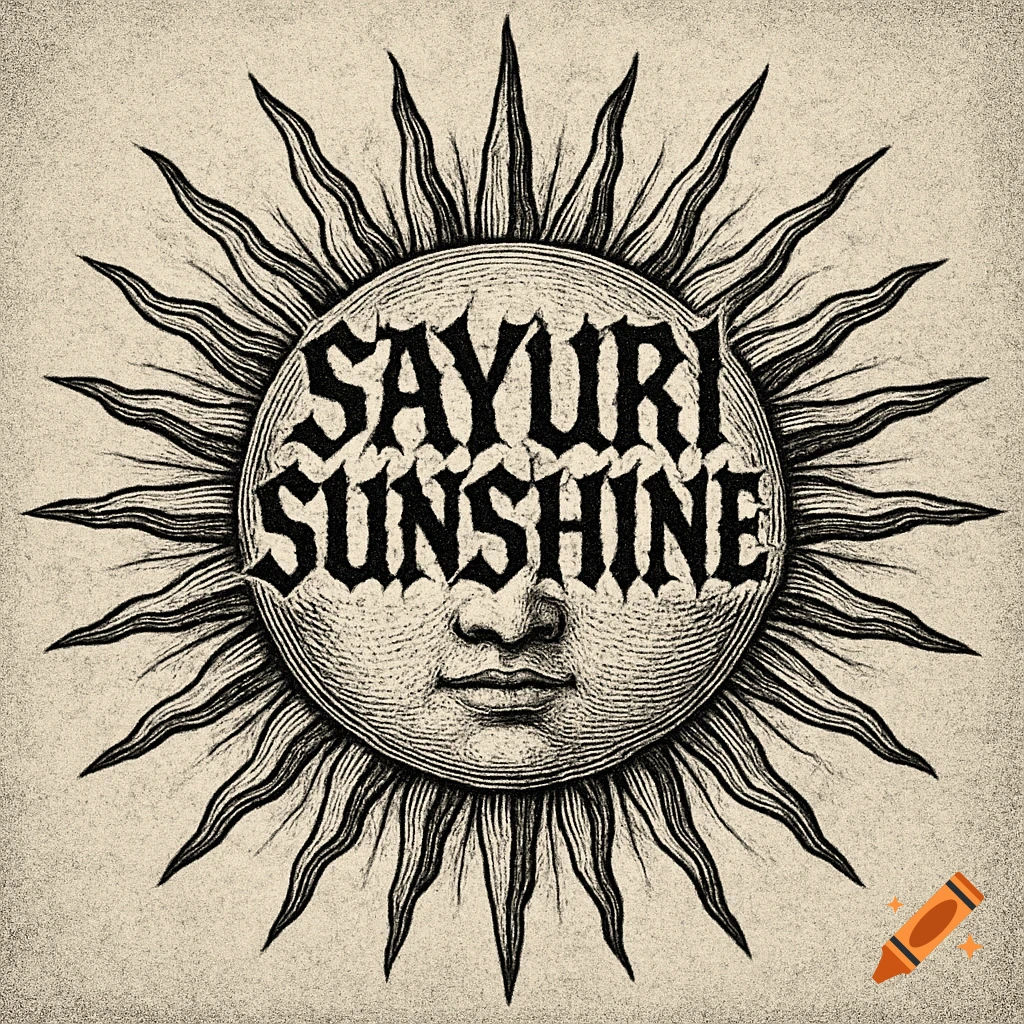 Engraved-style sun with a face, surrounded by rays, featuring 'SAYURI SUNSHINE' in distressed black font on a beige background.