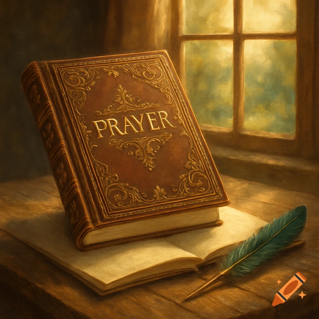 An ornate brown book titled 'PRAYER' rests on an open journal with a quill pen beside it, by a window in a painterly style.