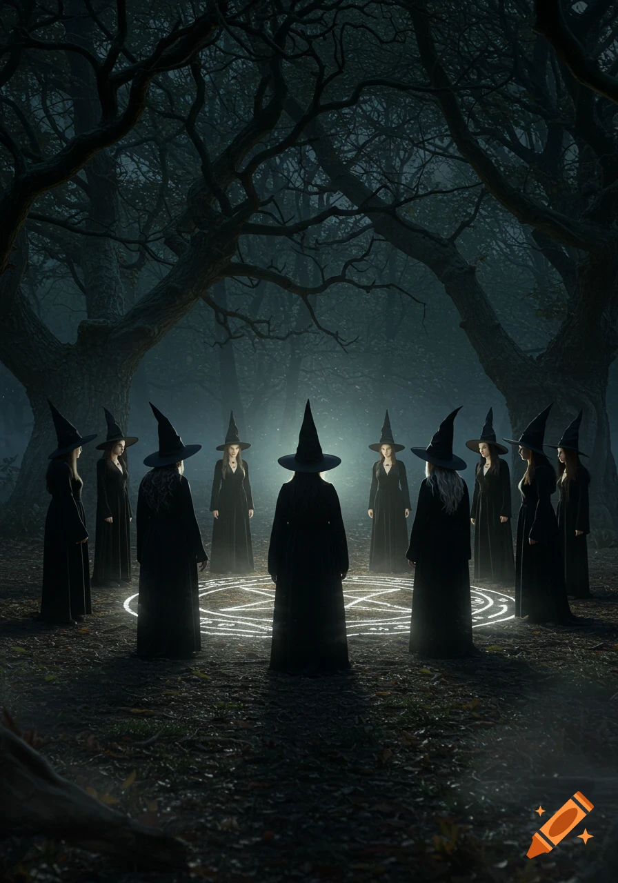 Witches in black robes and pointed hats standing in a glowing magic circle in a dark, misty forest.
