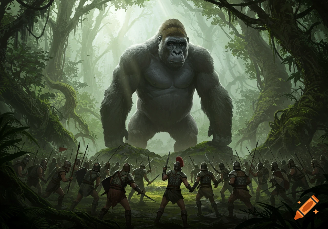 A massive gorilla confronts an army of ancient warriors in a lush jungle, depicted in a fantasy style.