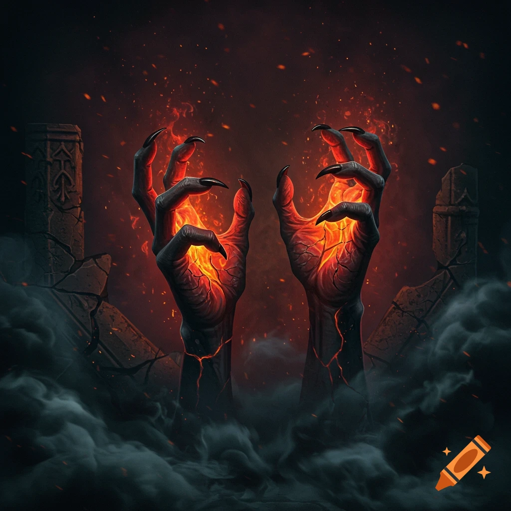 Two monstrous, clawed demon hands, glowing with fire, emerge from dark smoke amidst ruined stone structures.