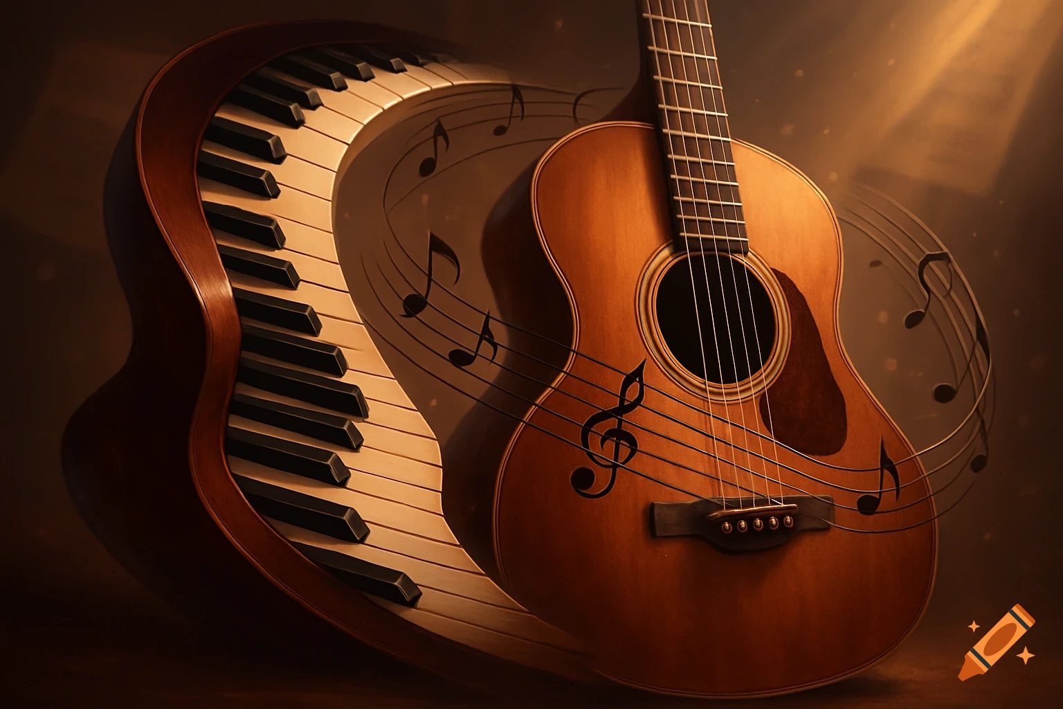 Acoustic guitar and a curving piano keyboard with musical notes floating around them, bathed in warm light.