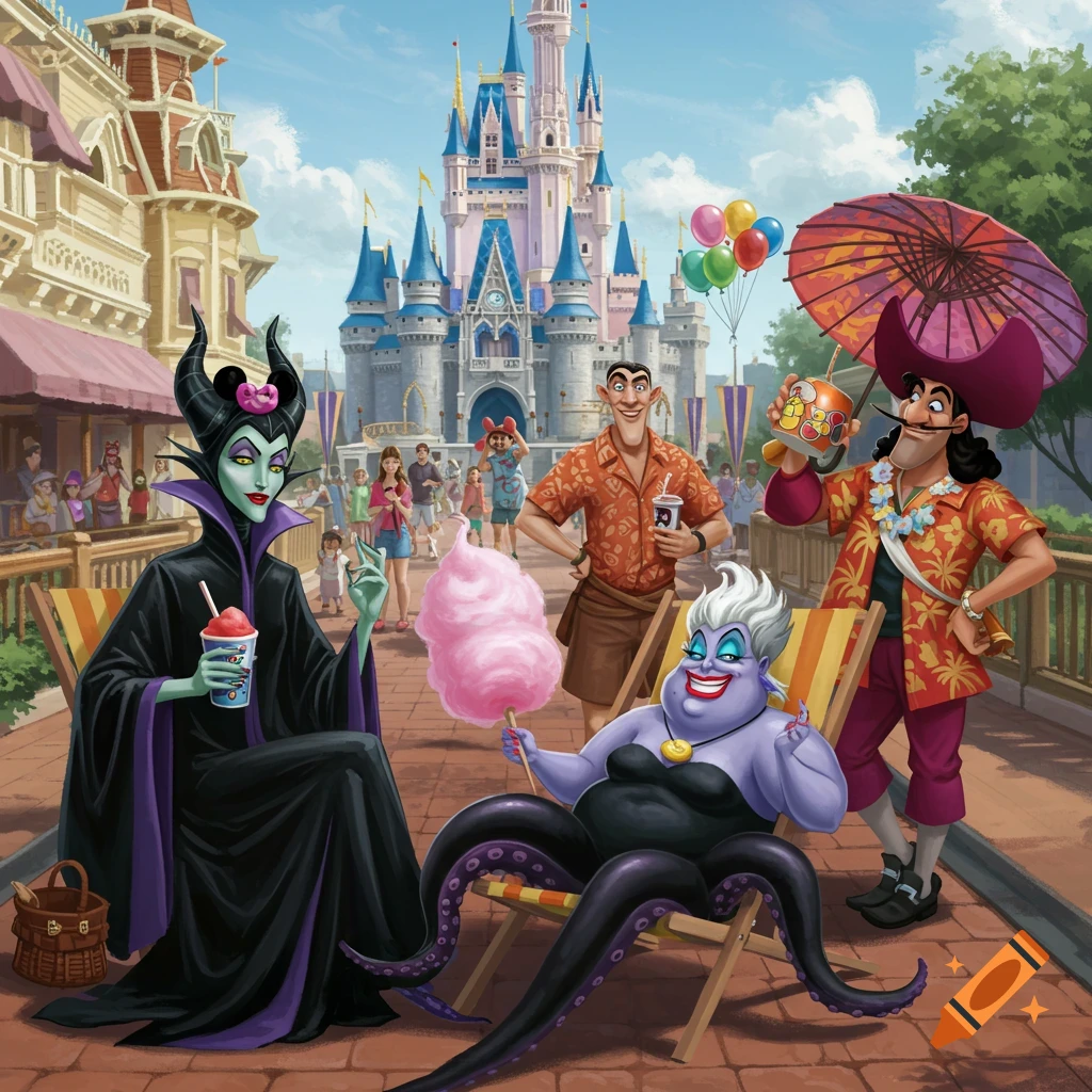 Disney villains Maleficent, Ursula, Gaston, and Captain Hook relax and enjoy snacks in front of Cinderella's Castle at Disney World, in a colorful illustration.