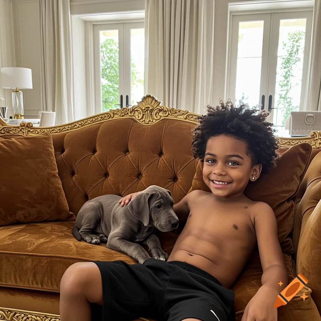 Young boy with curly hair and a puppy smiling on a gold couch in a bright room.