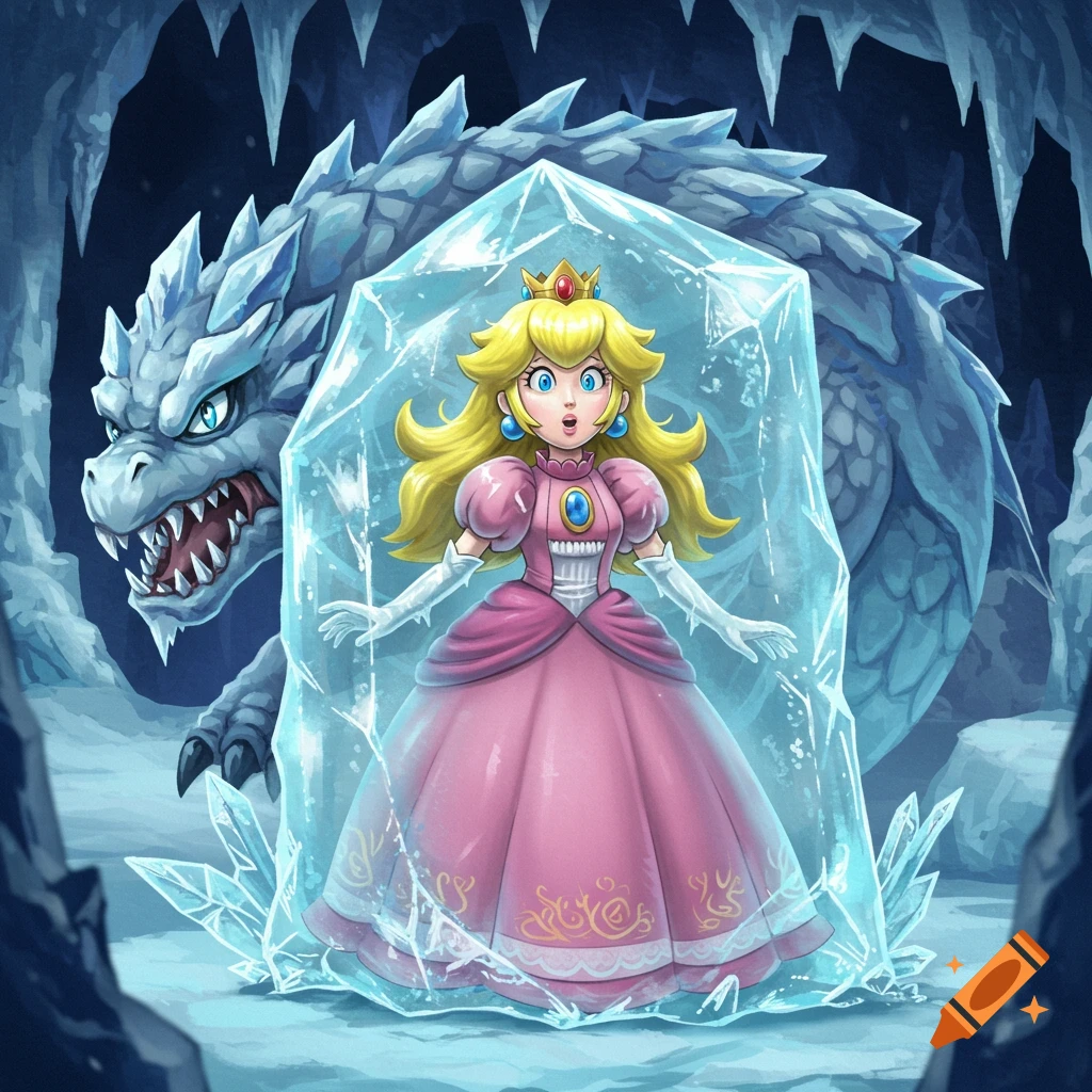 Princess Peach frozen in a block of ice, with a large blue ice dragon looming behind her in an ice cave. Cartoon style.