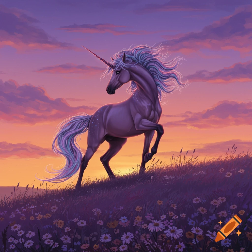 An athletic purple unicorn with a flowing, multicolored mane and tail stands on a wildflower-covered hill at sunset.