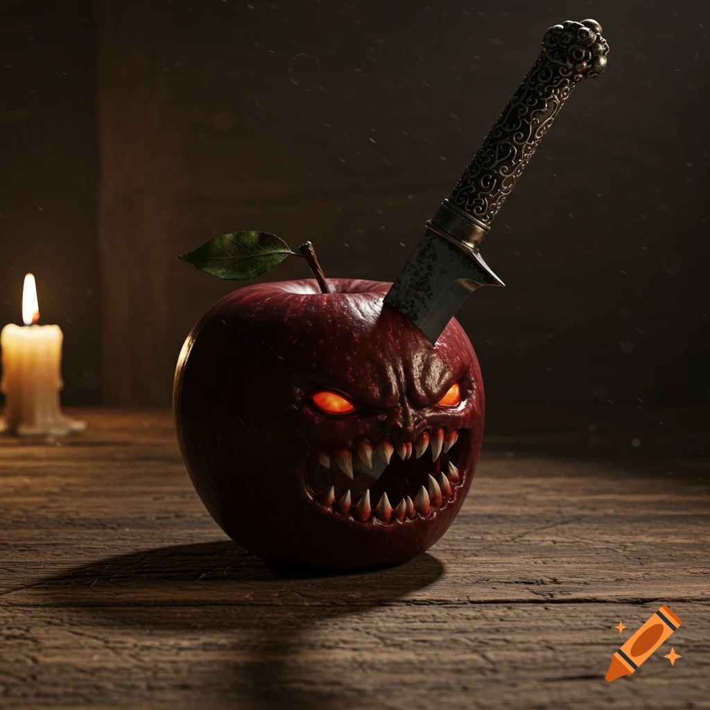 A red demon apple with glowing eyes and sharp teeth, impaled by a decorative knife, on a wooden table with a lit candle.