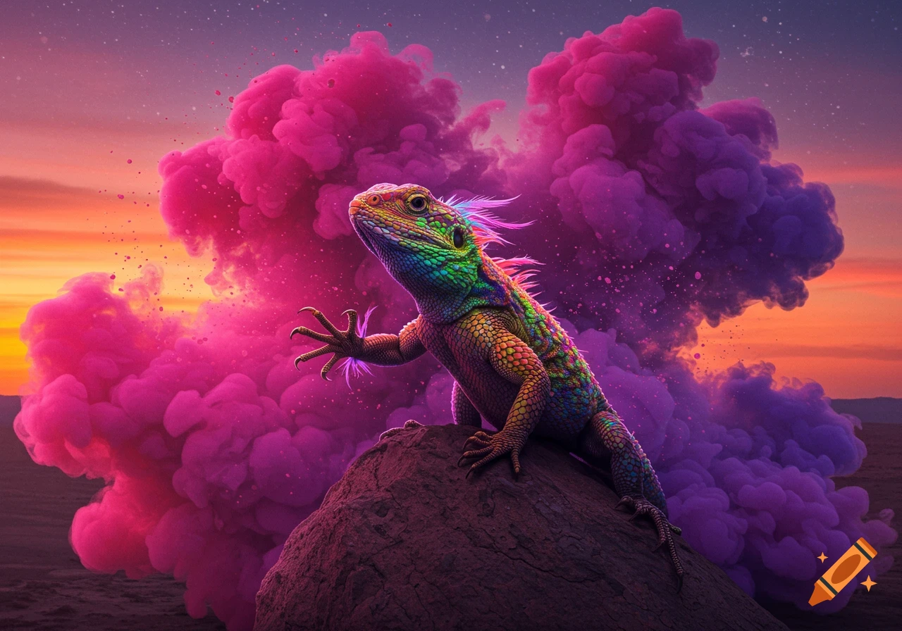 Vibrant multi-colored Agama lizard with feathery spikes perched on a rock against a dramatic pink and purple smoke-filled sunset.