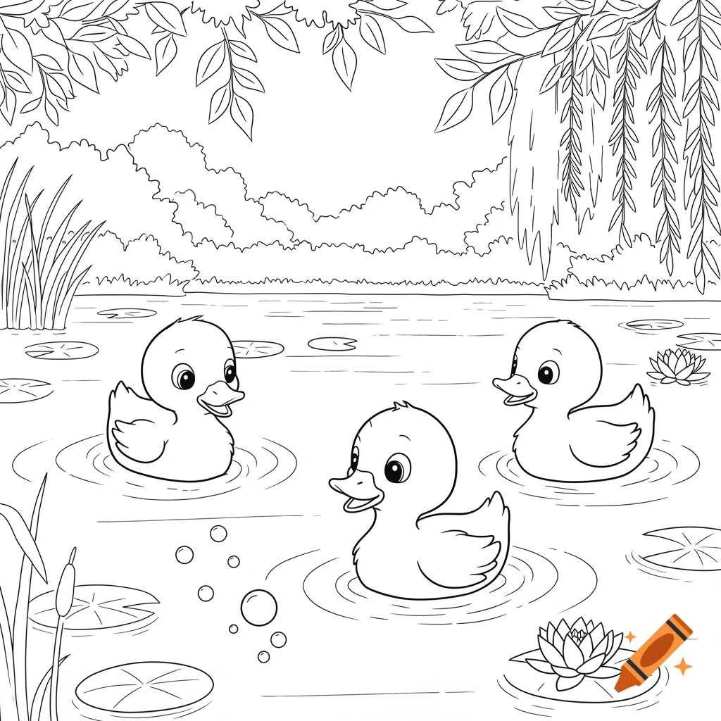 Three cartoon ducklings swim in a pond with lily pads and weeping willow branches, designed as a coloring page.