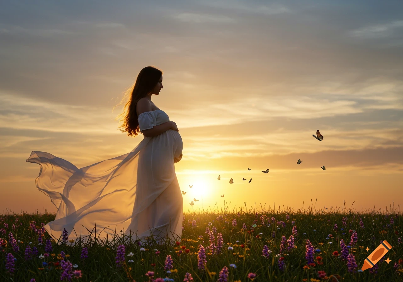 A pregnant woman in a white dress stands in a vibrant flower field at sunset, silhouetted against the orange sky with butterflies flying.