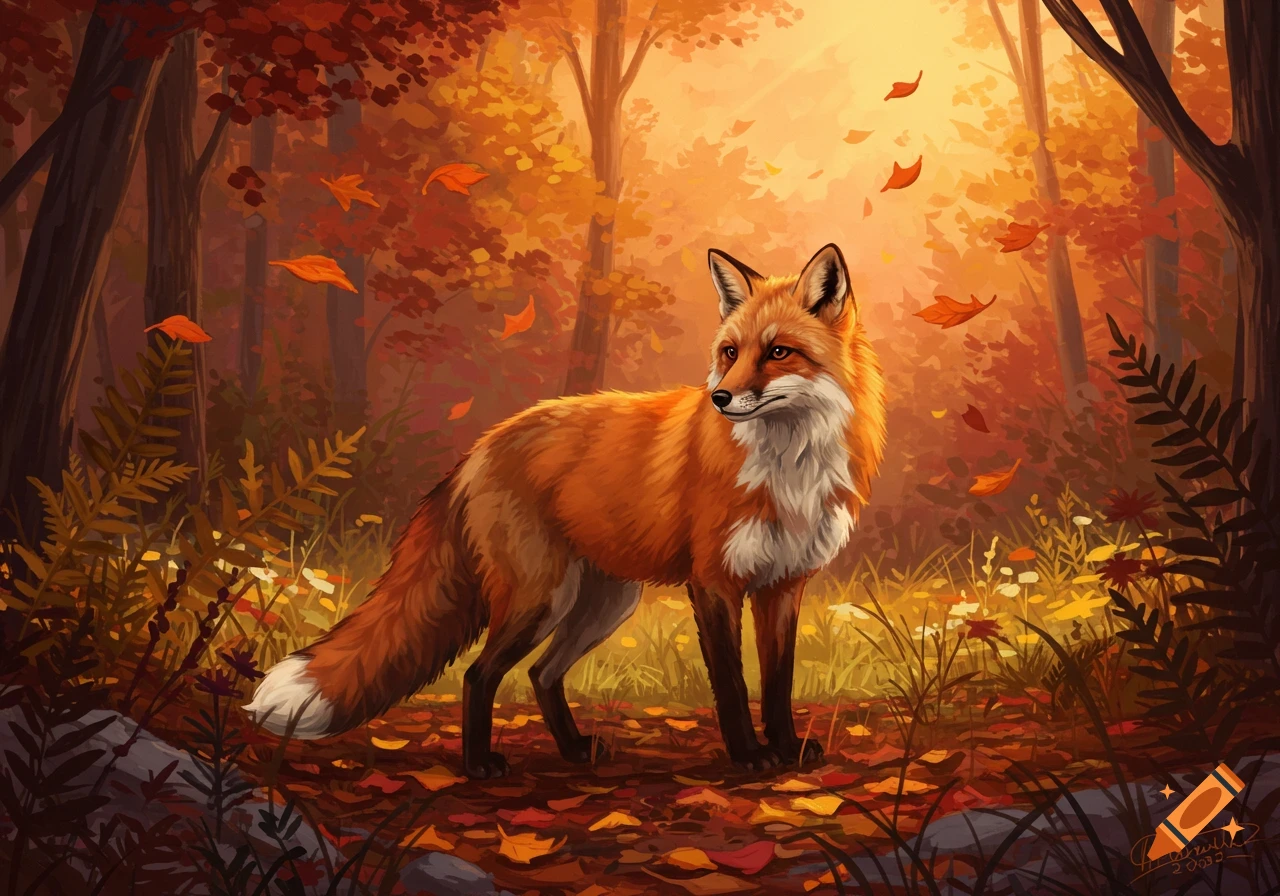 A red fox stands in an autumn forest with falling leaves, painted in an artistic, illustrative style.