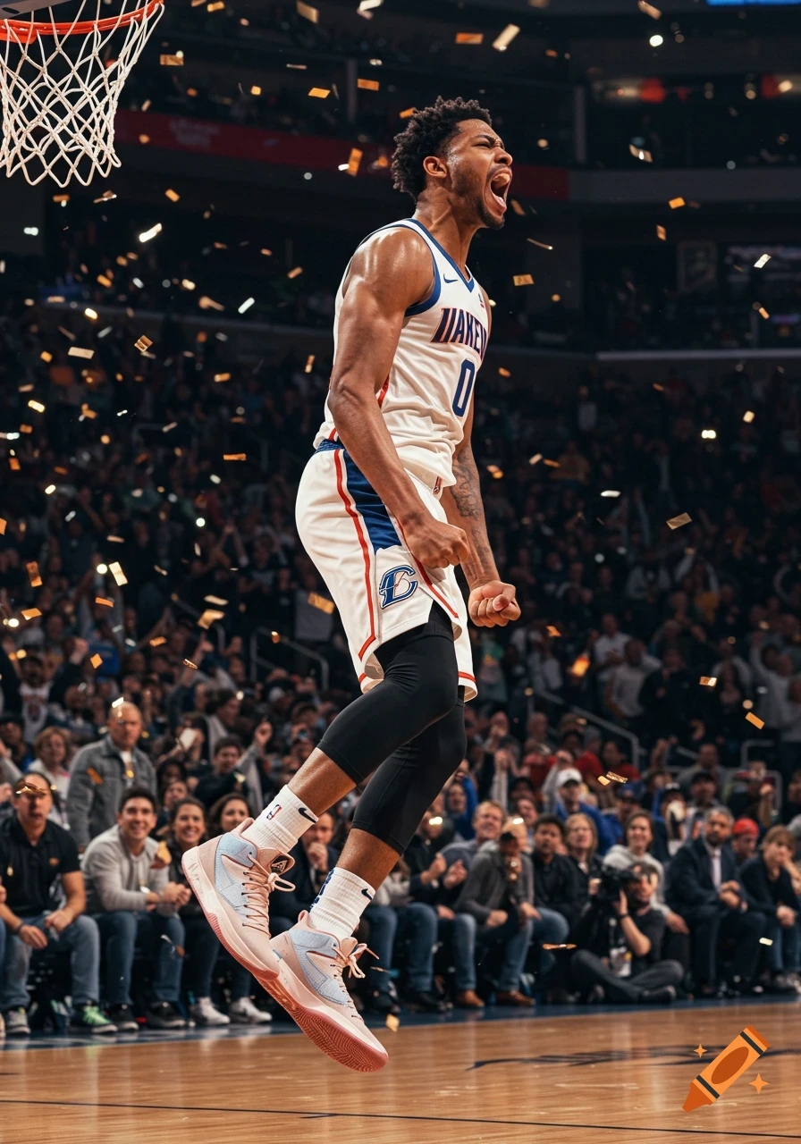 A photorealistic shot of a basketball player in a white jersey, number 0, celebrating mid-air with confetti falling around him on a basketball court.