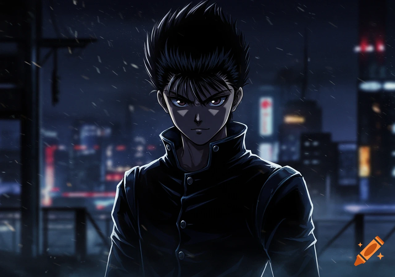 Anime illustration of Yusuke Urameshi in a dark jacket with glowing eyes and spiky hair against a rainy city night.