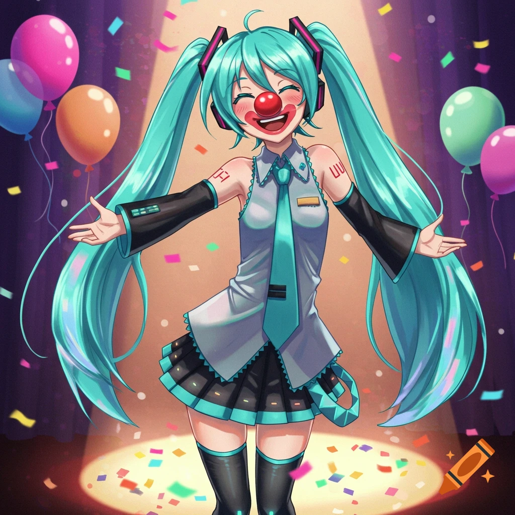 Hatsune Miku with long teal pigtails, wearing a clown nose, headphones, and a teal-trimmed outfit, stands on a stage with confetti and balloons.