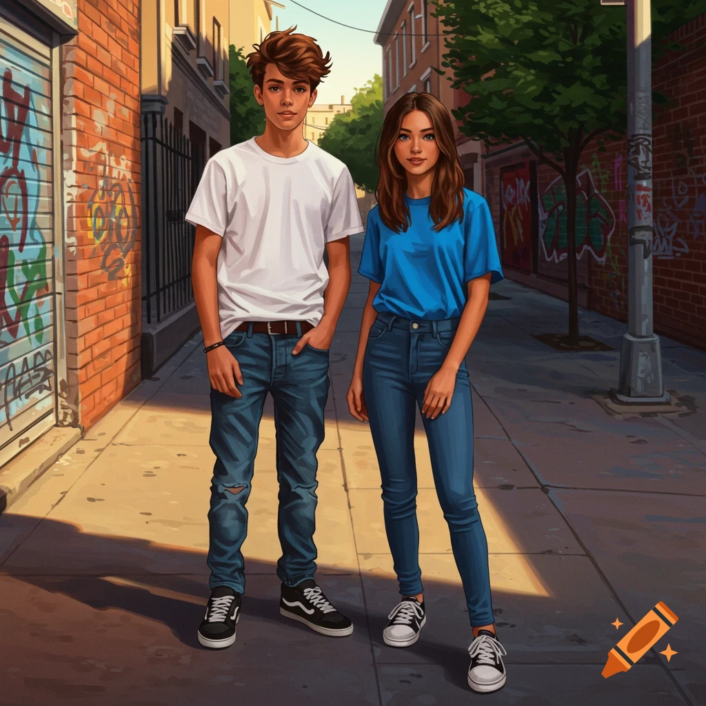 A digitally illustrated boy in a white t-shirt and ripped jeans stands next to a girl in a blue t-shirt and jeans in a graffiti-covered alley.
