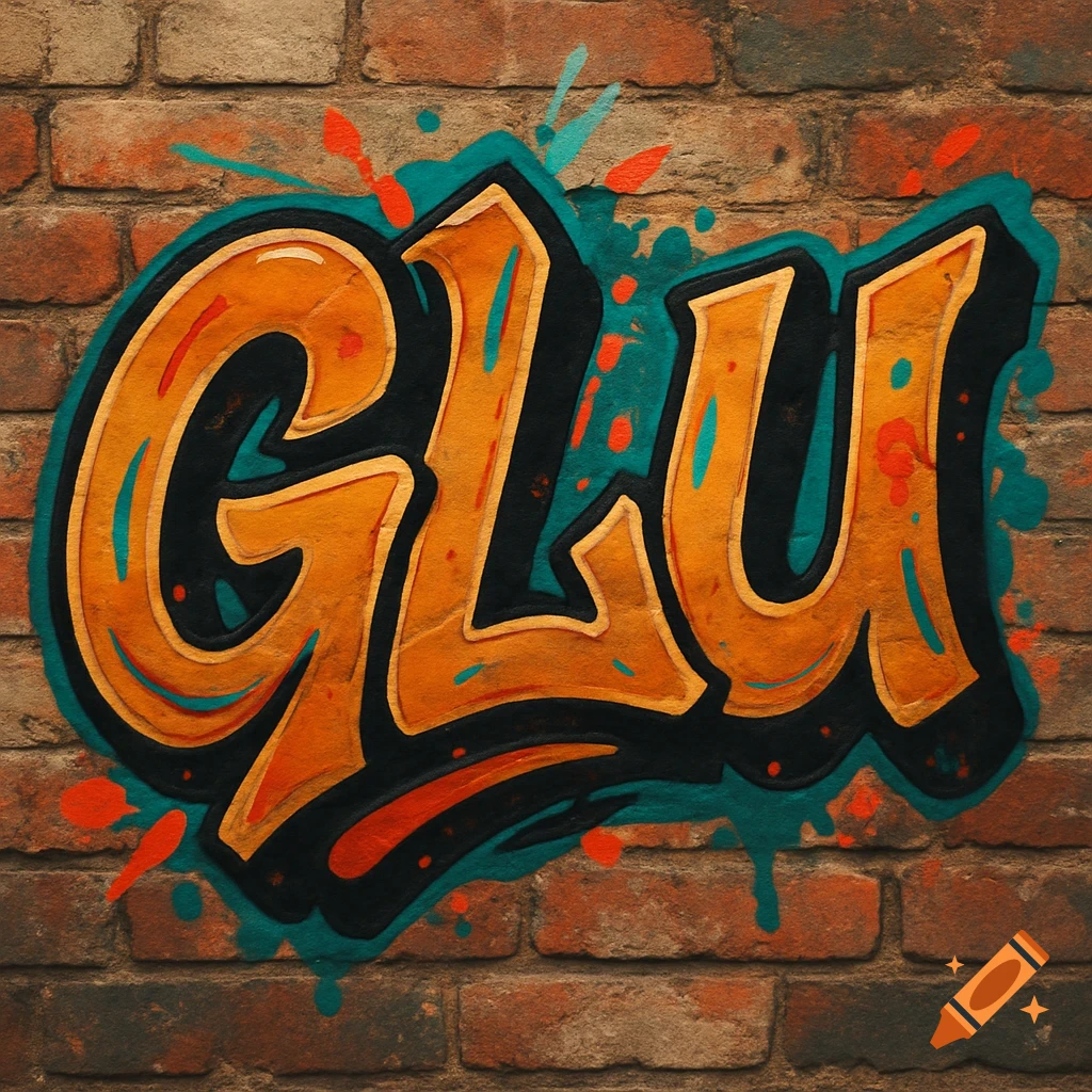 Graffiti-style band logo 'GLU' in orange, black, and teal on a brick wall.