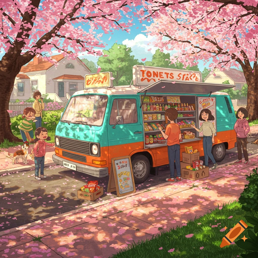 A colorful convenience store van parked under blooming cherry blossom trees with people and a dog around it.