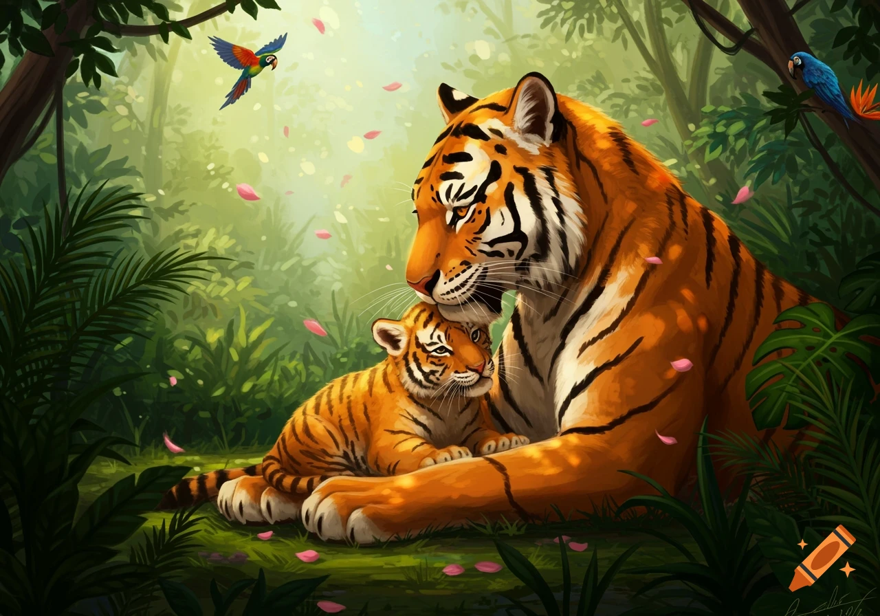 An illustration of a mother tiger cuddling her cub in a vibrant green jungle with falling pink petals and colorful birds.