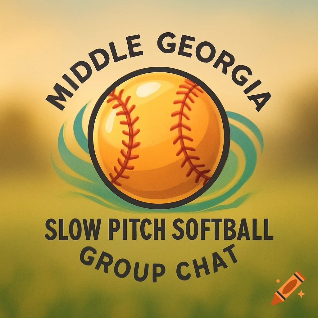A logo for 'Middle Georgia Slow Pitch Softball Group Chat' featuring a stylized yellow softball with red stitching and a teal swirl on a blurred field background.