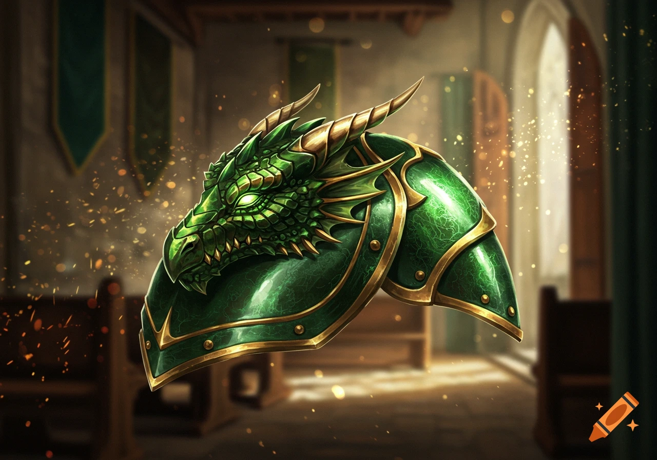 A detailed green dragon pauldron with glowing eyes and gold trim, set against a blurred medieval interior background with golden dust motes.
