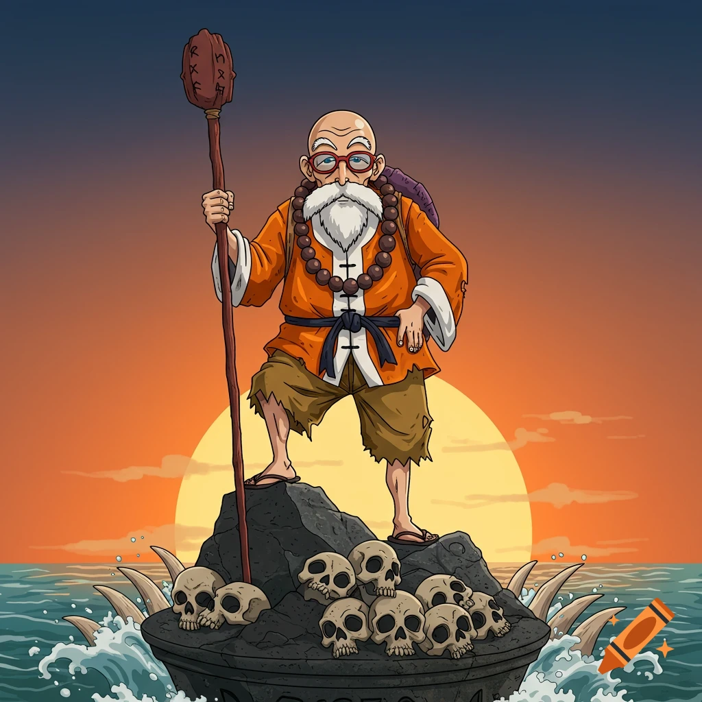 Cartoon Master Roshi stands on a rock pile of skulls in the ocean at sunset, holding a staff.
