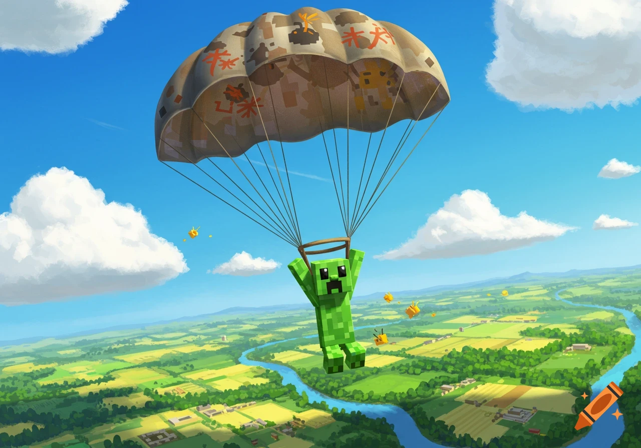 A green pixelated Minecraft Creeper character skydives with a camouflage parachute over a bright green landscape with a winding river.