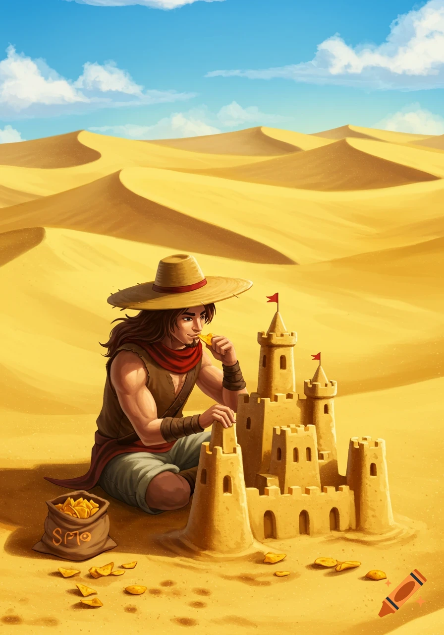 A stylized warrior in a desert builds a sandcastle while eating chips from a bag.