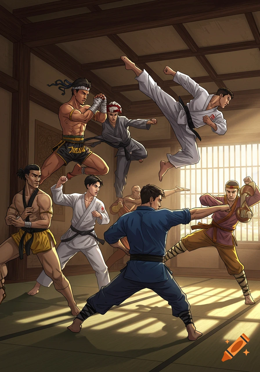 2D comic art of various male martial artists in action poses, training inside a traditional dojo.