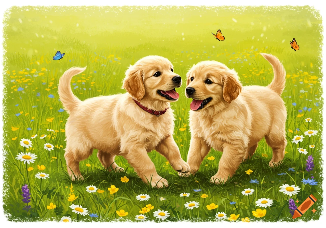 Two golden retriever puppies playing in a vibrant green meadow with colorful wildflowers and butterflies, illustration.