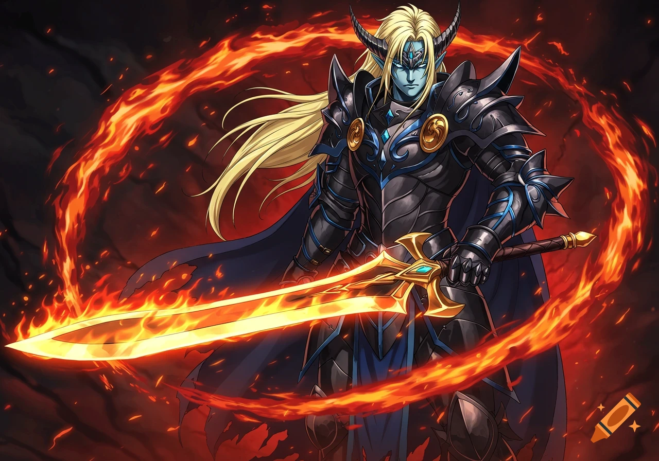 A blue-skinned anime knight with blonde hair, horns, and dark armor holds a glowing golden sword amidst swirling fire.