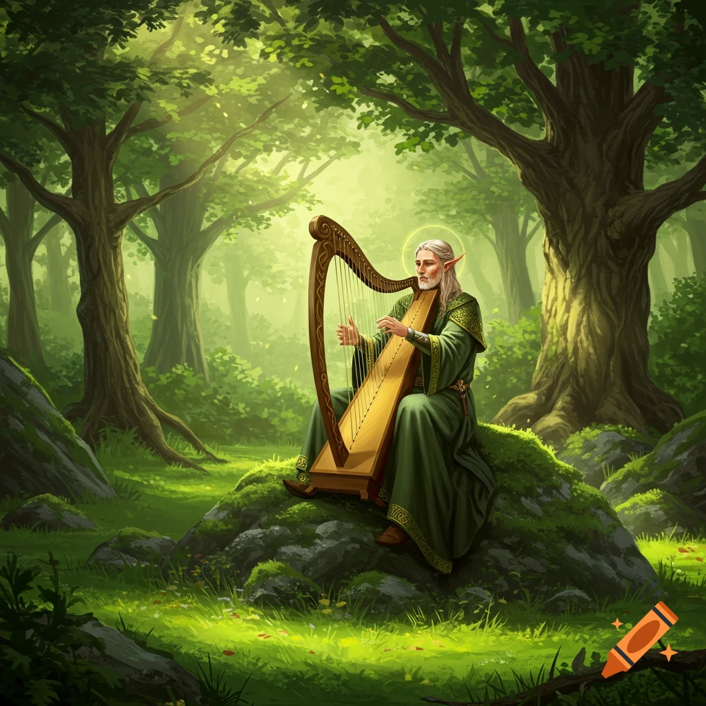 An elf-like man with a halo plays a golden harp while sitting on a mossy rock in a lush, sunlit green forest.