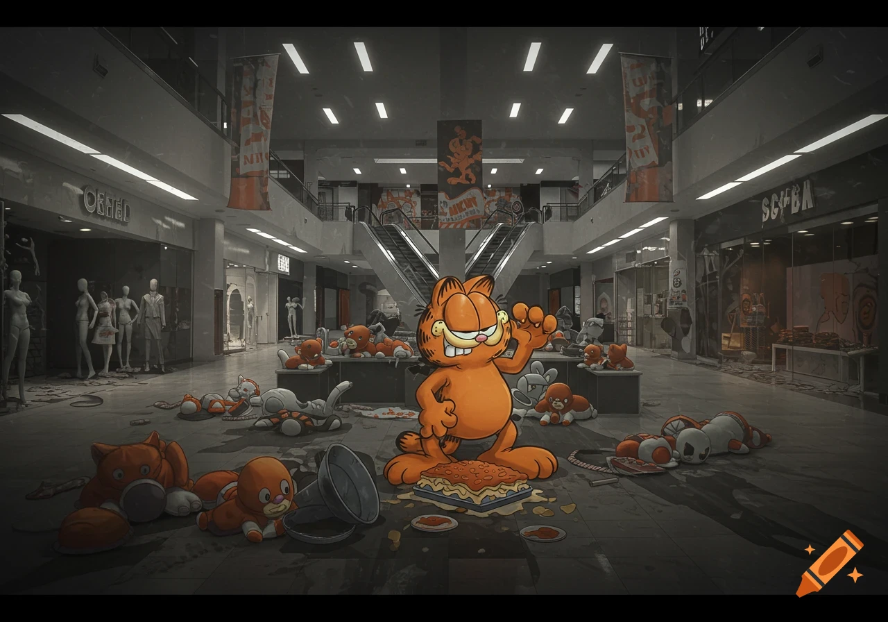 Cartoon Garfield stands in a destroyed, empty mall surrounded by plush toys and a lasagna dish, looking mischievous.