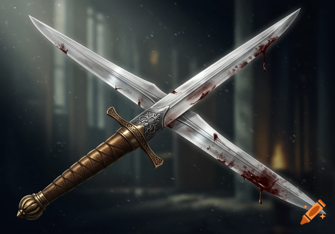 Two blood-stained daggers with bronze handles and silver blades crossed over a dark, blurred background.