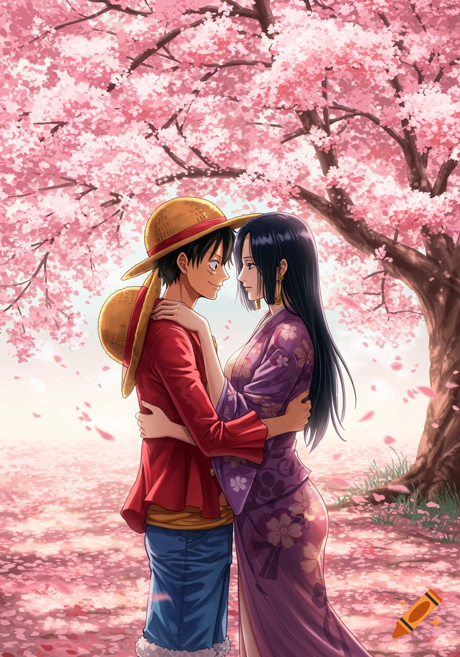 Anime characters Luffy and Hancock embrace under a beautiful cherry blossom tree with pink petals.