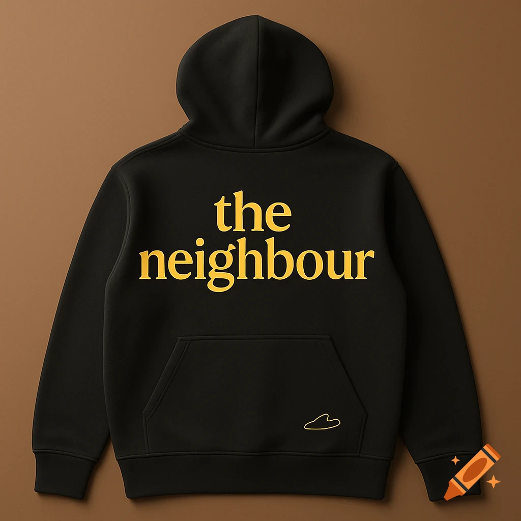 A black hoodie with yellow text 'the neighbour' on the back and a small yellow slippers logo on the front pocket, against a brown background.