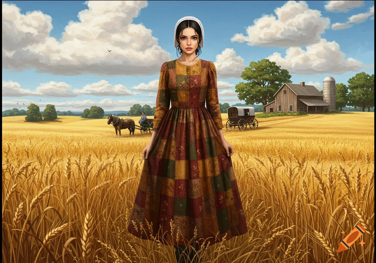 A woman in a patchwork dress and white head covering stands in a golden wheat field with a farmhouse, silo, and horse-drawn cart in the background.