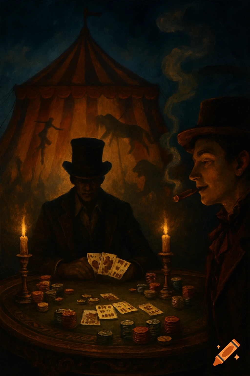 Two men in vintage attire playing poker by candlelight inside a dimly lit circus tent, with shadowy figures visible on the tent walls. One man smokes a cigar.