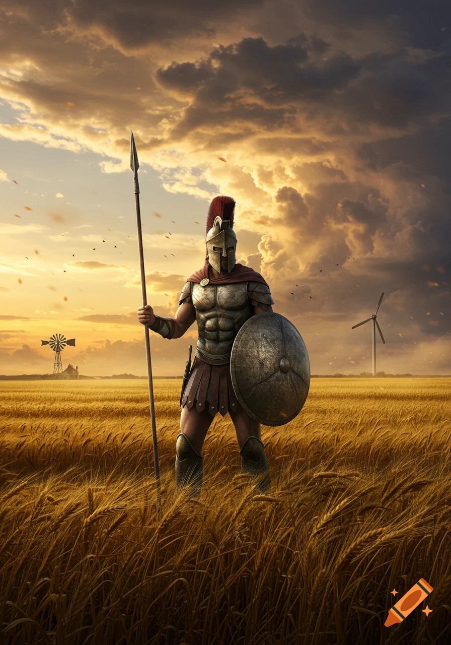 A Spartan warrior stands in a golden wheat field at sunset, holding a spear and shield, with windmills in the distance.