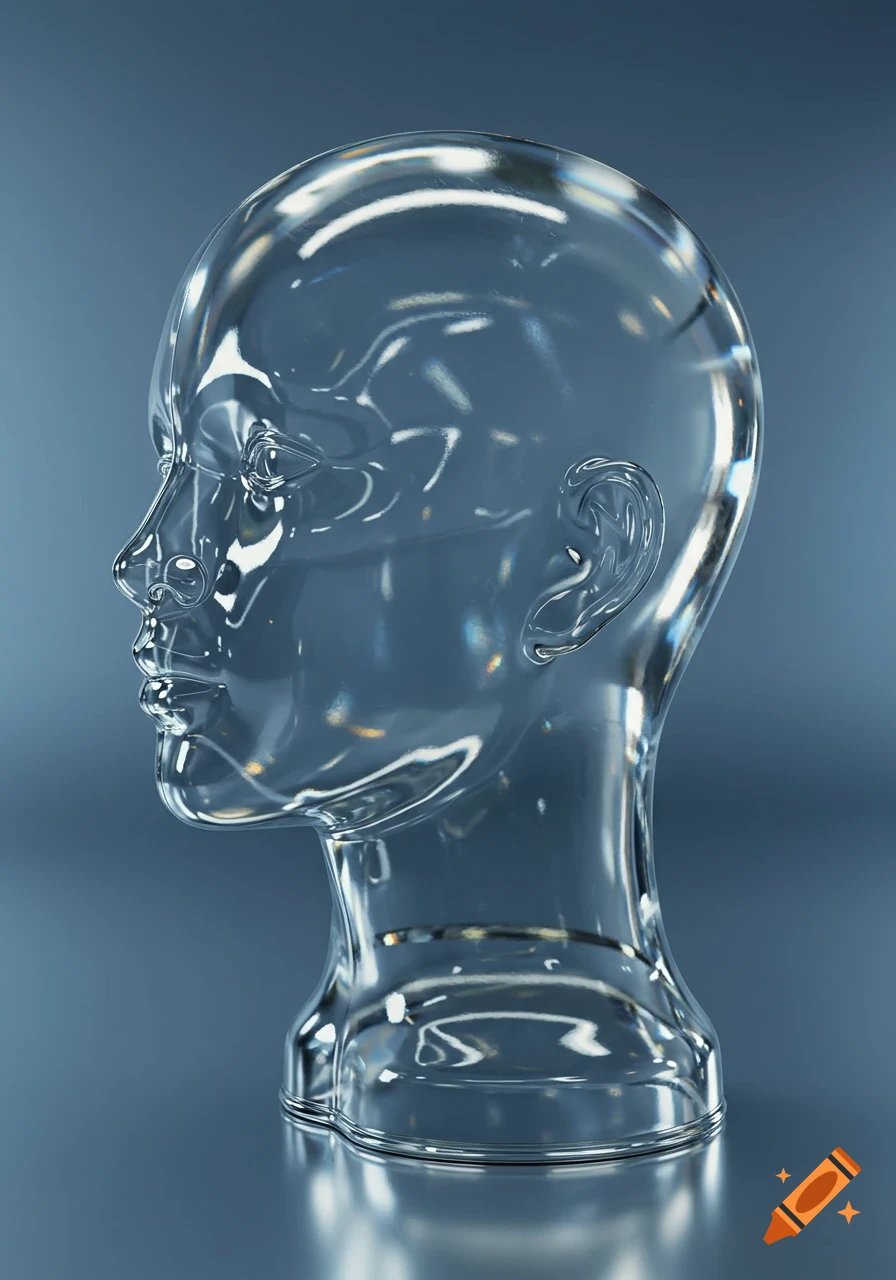 Detailed transparent glass mannequin head in 3/4 profile against a blue-grey background.