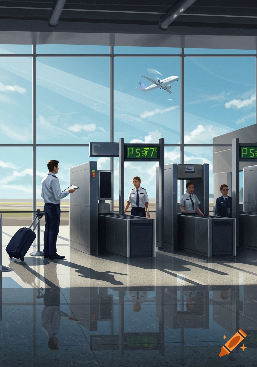 An airport security checkpoint with a passenger, a security guard, and a plane outside. Stylized art.