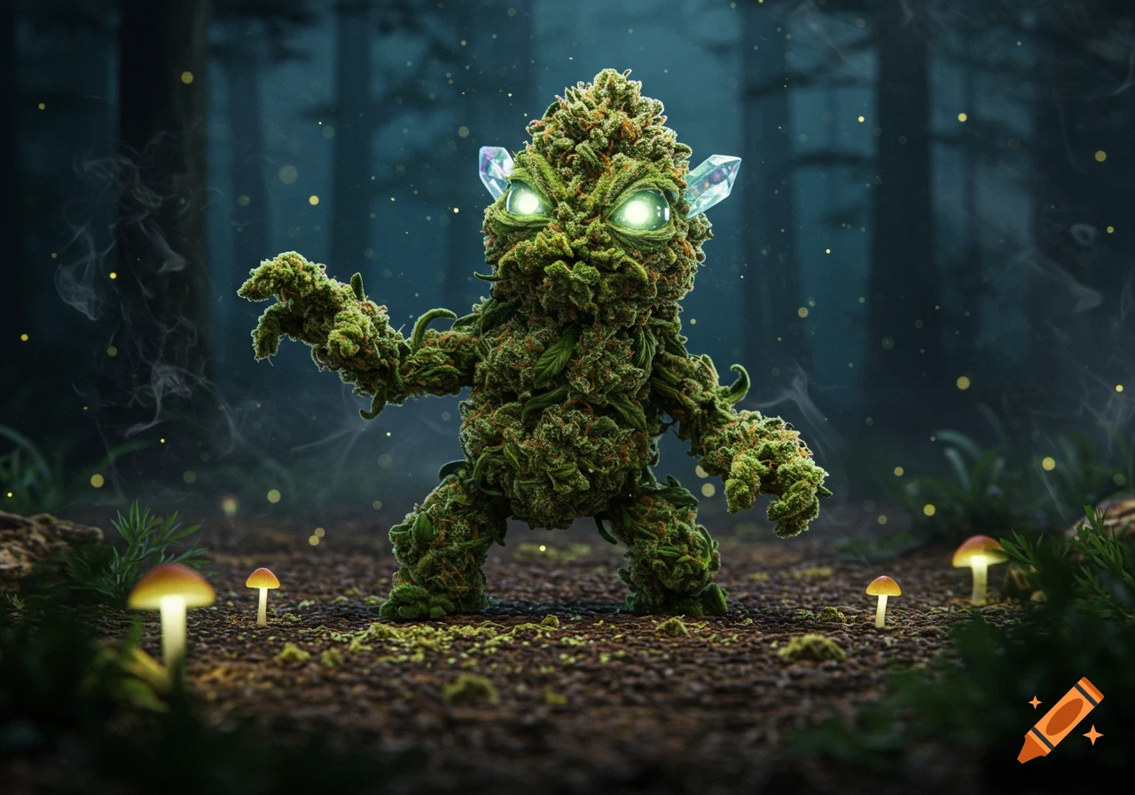 A detailed, photorealistic marijuana nug monster with glowing eyes and crystal ears stands in a dark, mystical forest with glowing mushrooms.