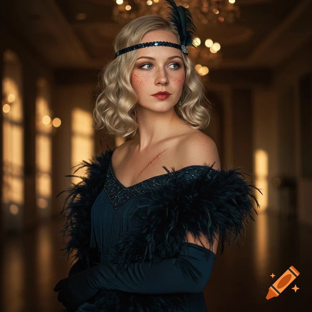 Photorealistic portrait of a 1920s flapper with blonde hair, freckles, and a dark blue feathered dress in a golden-lit ballroom.