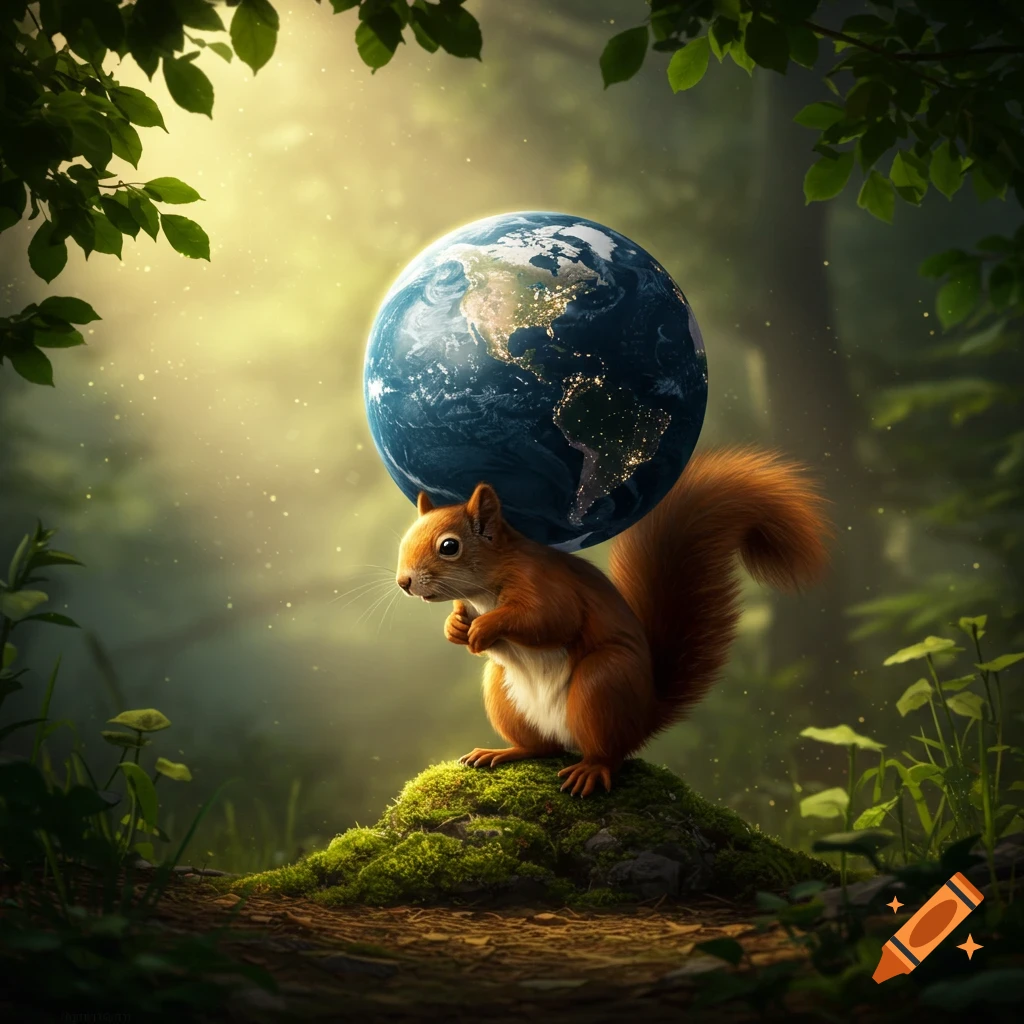 A squirrel carries a glowing Earth globe on its back, standing on a mossy mound in a magical, sunlit forest.
